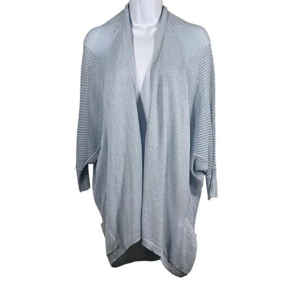 CHICO’S Travelers Collection Women’s Sz 2(L) Blue Sparkle Open Front Sweater - Picture 1 of 8